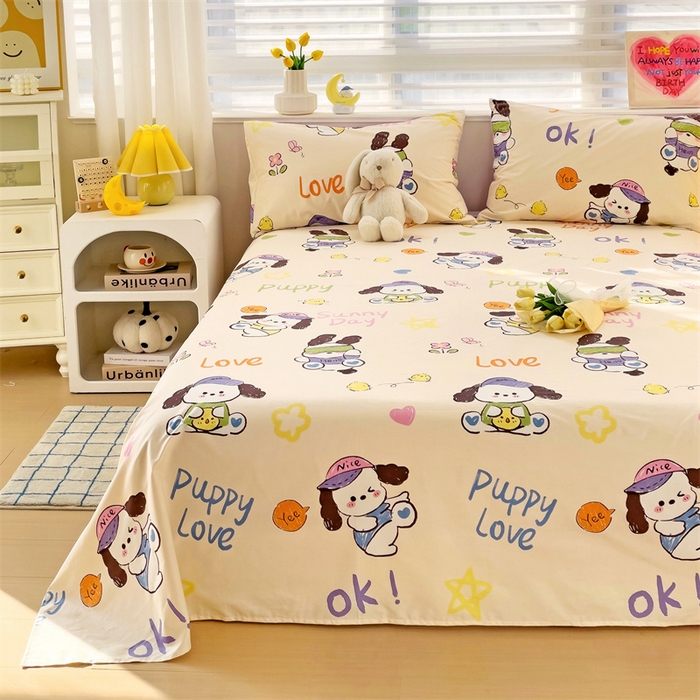 91家纺网 家纺一手货源 找家纺 名兮家居 2024新款小清新全棉单品床单 潮流小狗