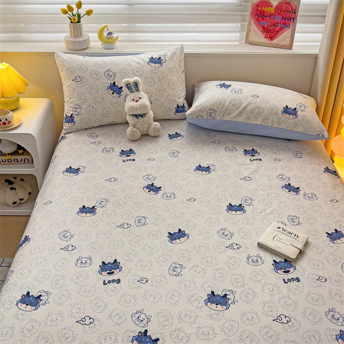91家纺网 家纺一手货源 找家纺 名兮家居 2024新款小清新全棉单品床单 龙宝宝-蓝