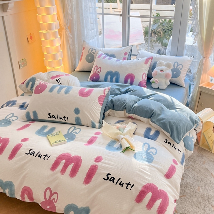 91家纺网 家纺一手货源 找家纺 玉海棠家纺 2024新款泡泡云朵棉四件套 七彩兔