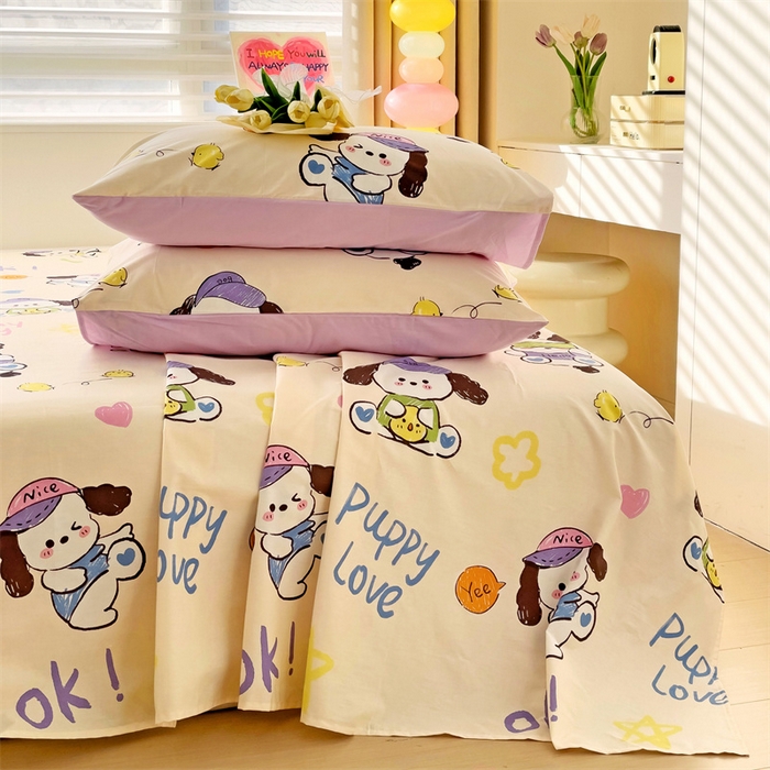 91家纺网 家纺一手货源 找家纺 名兮家居 2024新款小清新全棉单品床单 潮流小狗