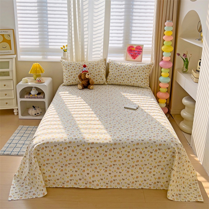 91家纺网 家纺一手货源 找家纺 名兮家居 2024新款小清新全棉单品床单 花与熊