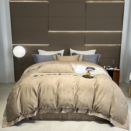 91家纺网 家纺一手货源 找家纺 淼铭家纺 2025新款打空工艺长绒棉提花四件套 叶叶情深-卡其