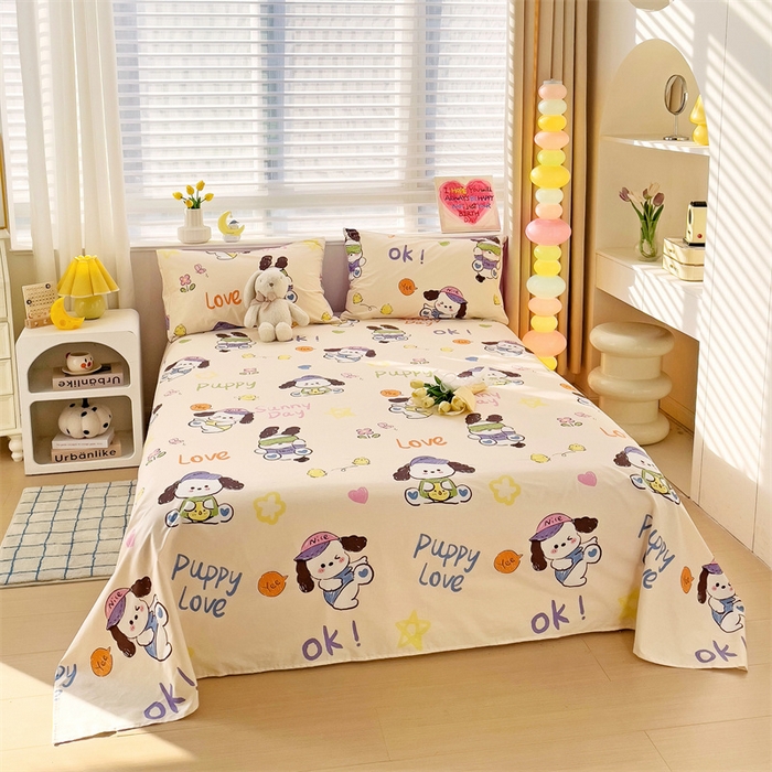 91家纺网 家纺一手货源 找家纺 名兮家居 2024新款小清新全棉单品床单 潮流小狗