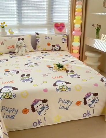 91家纺网 家纺一手货源 找家纺 名兮家居 2024新款小清新全棉单品床单 潮流小狗