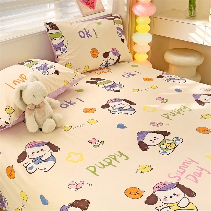 91家纺网 家纺一手货源 找家纺 名兮家居 2024新款小清新全棉单品床单 潮流小狗