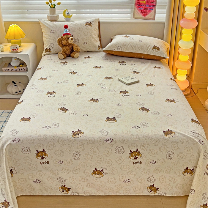 91家纺网 家纺一手货源 找家纺 名兮家居 2024新款小清新全棉单品床单 龙宝宝-奶咖