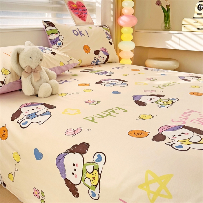 91家纺网 家纺一手货源 找家纺 名兮家居 2024新款小清新全棉单品床单 潮流小狗