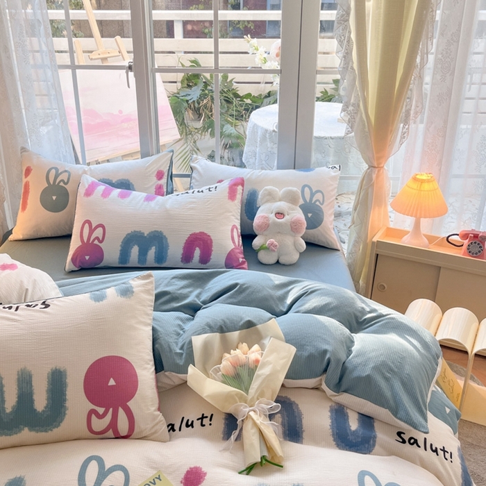 91家纺网 家纺一手货源 找家纺 玉海棠家纺 2024新款泡泡云朵棉四件套 七彩兔