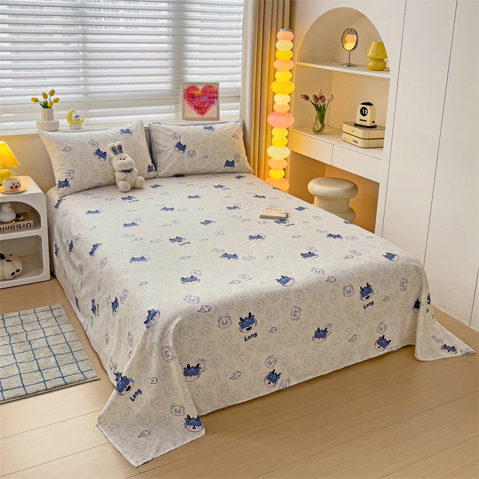 91家纺网 家纺一手货源 找家纺 名兮家居 2024新款小清新全棉单品床单 龙宝宝-蓝