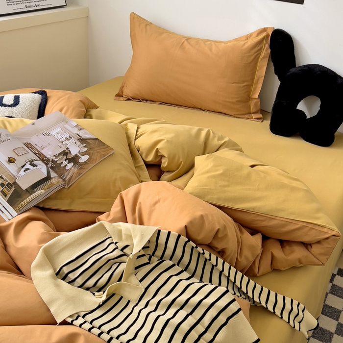 91家纺网 家纺一手货源 找家纺 恩泽家纺 2026新款全棉13372纯色双拼系列四件套 红驼+卡其