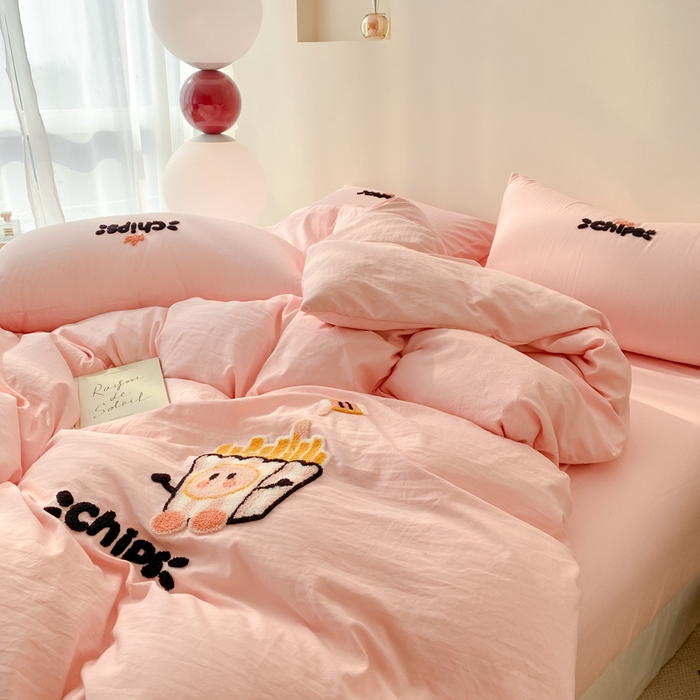 91家纺网 家纺一手货源 找家纺 优迈 2024新款超柔磨毛水洗棉毛巾绣四件套系列-风格二 薯条