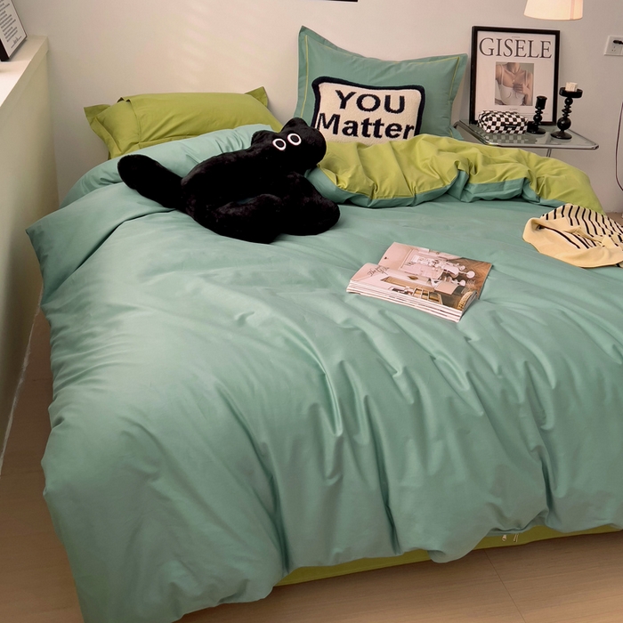 91家纺网 家纺一手货源 找家纺 恩泽家纺 2026新款全棉13372纯色双拼系列四件套 灰绿+果绿