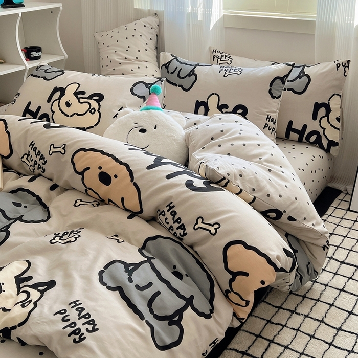 91家纺网 家纺一手货源 找家纺 六巷胡同 2024新款全棉INS风软萌卡通四件套AB版第二系 哈皮犬