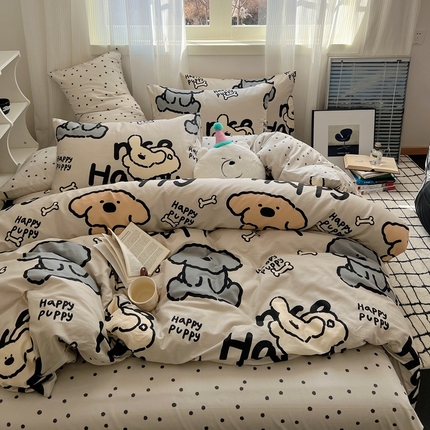 91家纺网 家纺一手货源 找家纺 六巷胡同 2024新款全棉INS风软萌卡通四件套AB版第二系 哈皮犬