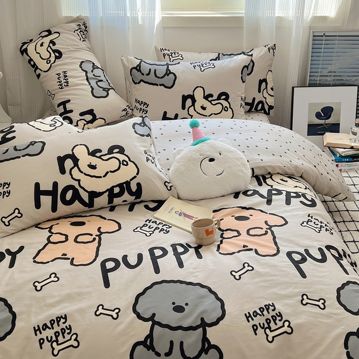 91家纺网 家纺一手货源 找家纺 六巷胡同 2024新款全棉INS风软萌卡通四件套AB版第二系 哈皮犬