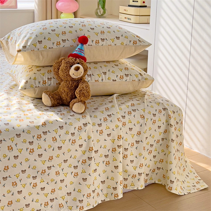 91家纺网 家纺一手货源 找家纺 名兮家居 2024新款小清新全棉单品床单 花与熊