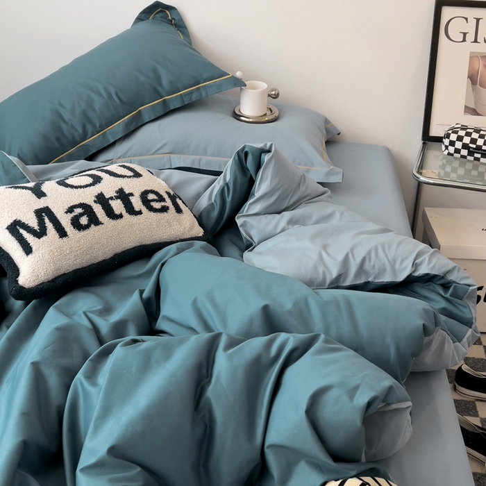 91家纺网 家纺一手货源 找家纺 恩泽家纺 2024新款全棉13372纯色双拼系列四件套 宝蓝+月白兰