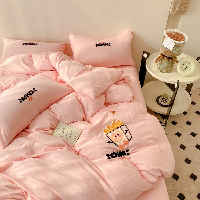 91家纺网 家纺一手货源 找家纺 优迈 2024新款超柔磨毛水洗棉毛巾绣四件套系列-风格二 薯条