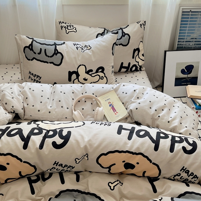 91家纺网 家纺一手货源 找家纺 六巷胡同 2024新款全棉INS风软萌卡通四件套AB版第二系 哈皮犬