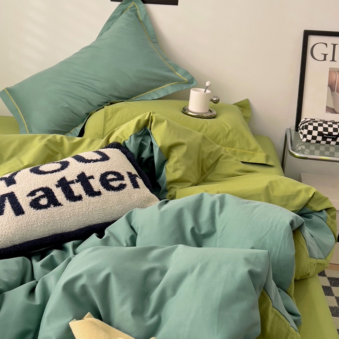 91家纺网 家纺一手货源 找家纺 恩泽家纺 2026新款全棉13372纯色双拼系列四件套 灰绿+果绿