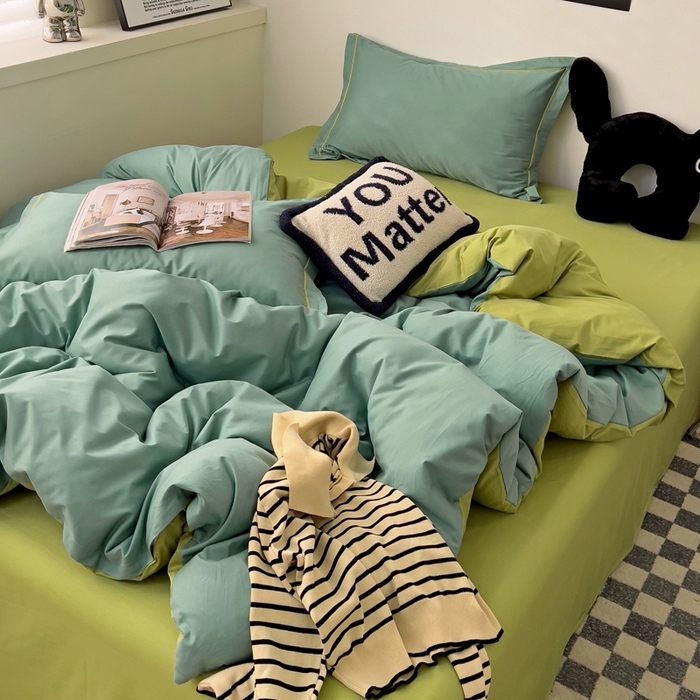 91家纺网 家纺一手货源 找家纺 恩泽家纺 2026新款全棉13372纯色双拼系列四件套 灰绿+果绿