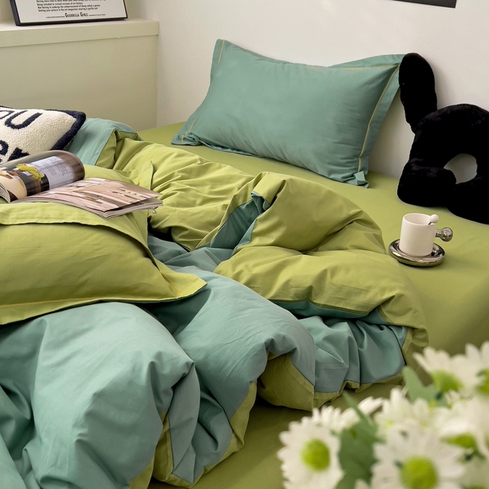 91家纺网 家纺一手货源 找家纺 恩泽家纺 2026新款全棉13372纯色双拼系列四件套 灰绿+果绿
