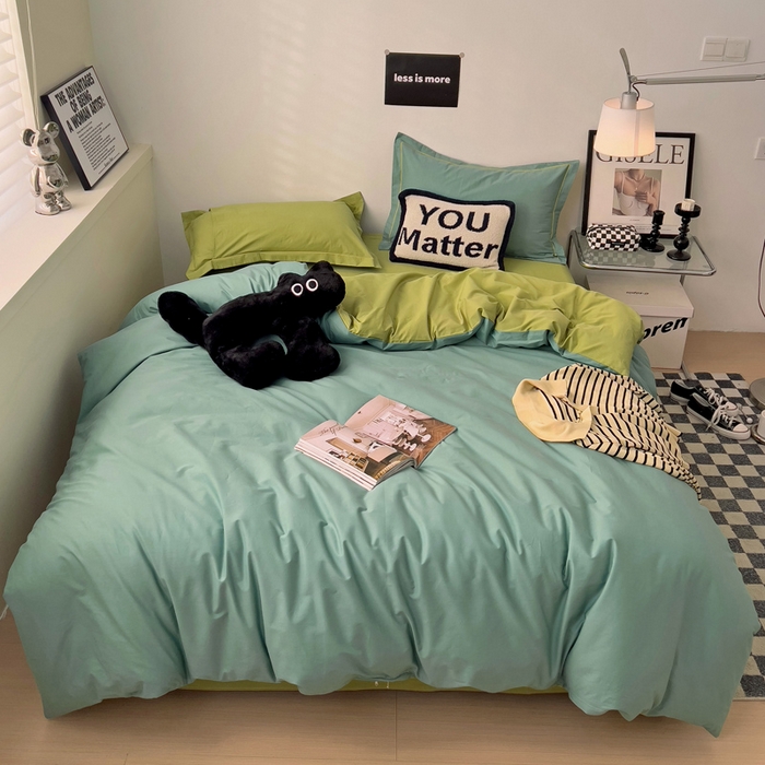 91家纺网 家纺一手货源 找家纺 恩泽家纺 2026新款全棉13372纯色双拼系列四件套 灰绿+果绿