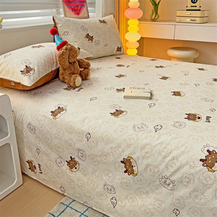 91家纺网 家纺一手货源 找家纺 名兮家居 2024新款小清新全棉单品床单 龙宝宝-奶咖