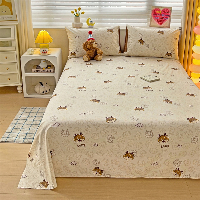 91家纺网 家纺一手货源 找家纺 名兮家居 2024新款小清新全棉单品床单 龙宝宝-奶咖