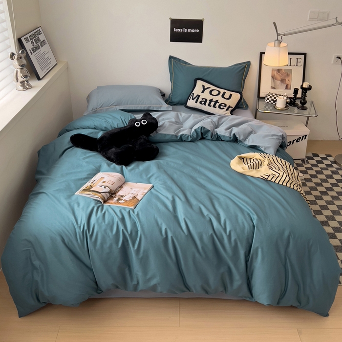 91家纺网 家纺一手货源 找家纺 恩泽家纺 2024新款全棉13372纯色双拼系列四件套 宝蓝+月白兰