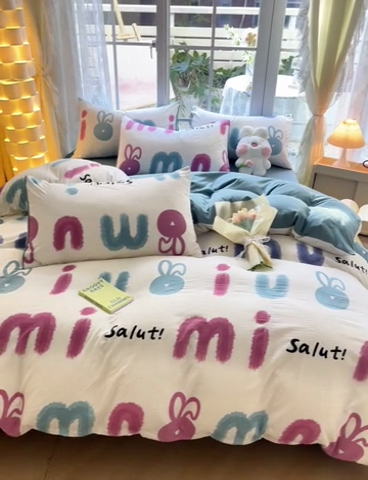 91家纺网 家纺一手货源 找家纺 玉海棠家纺 2024新款泡泡云朵棉四件套 七彩兔