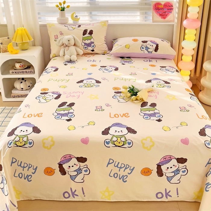 91家纺网 家纺一手货源 找家纺 名兮家居 2024新款小清新全棉单品床单 潮流小狗