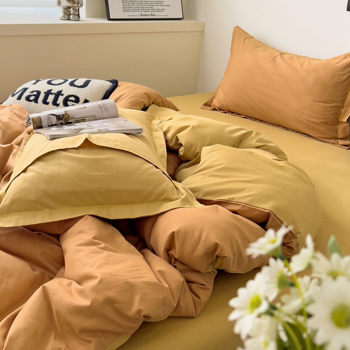 91家纺网 家纺一手货源 找家纺 恩泽家纺 2026新款全棉13372纯色双拼系列四件套 红驼+卡其