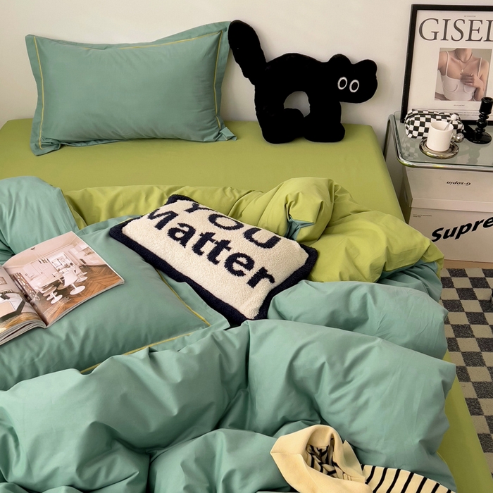 91家纺网 家纺一手货源 找家纺 恩泽家纺 2026新款全棉13372纯色双拼系列四件套 灰绿+果绿