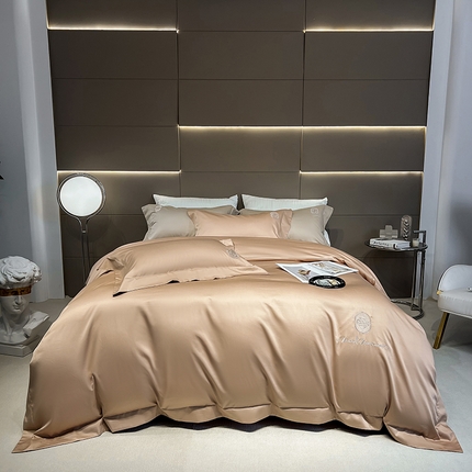 91家纺网 家纺一手货源 找家纺 淼铭家纺 2025新款长绒棉绣花四件套-奈罗系列 奈罗-橙咖