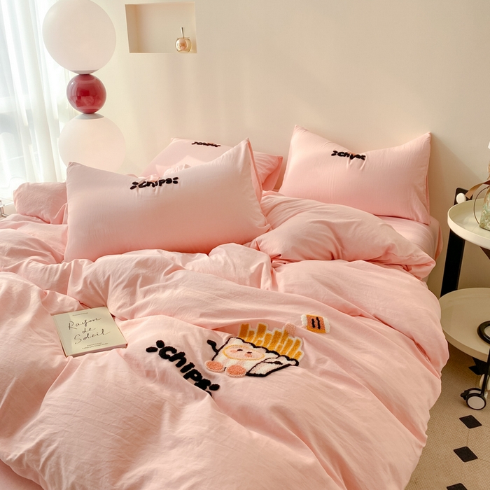 91家纺网 家纺一手货源 找家纺 优迈 2024新款超柔磨毛水洗棉毛巾绣四件套系列-风格二 薯条