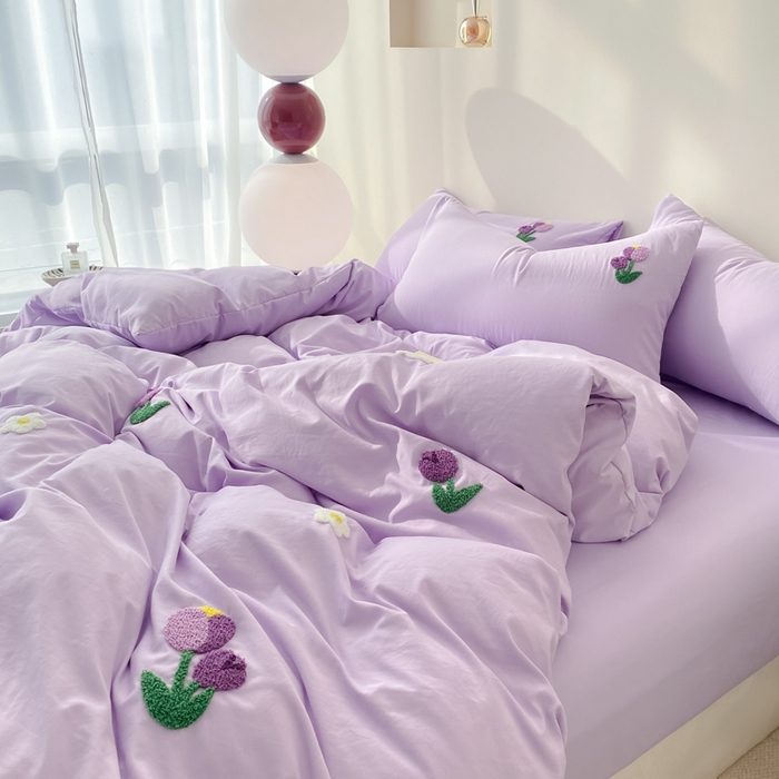 91家纺网 家纺一手货源 找家纺 优迈 2024新款超柔磨毛水洗棉毛巾绣四件套系列-风格二 郁金香