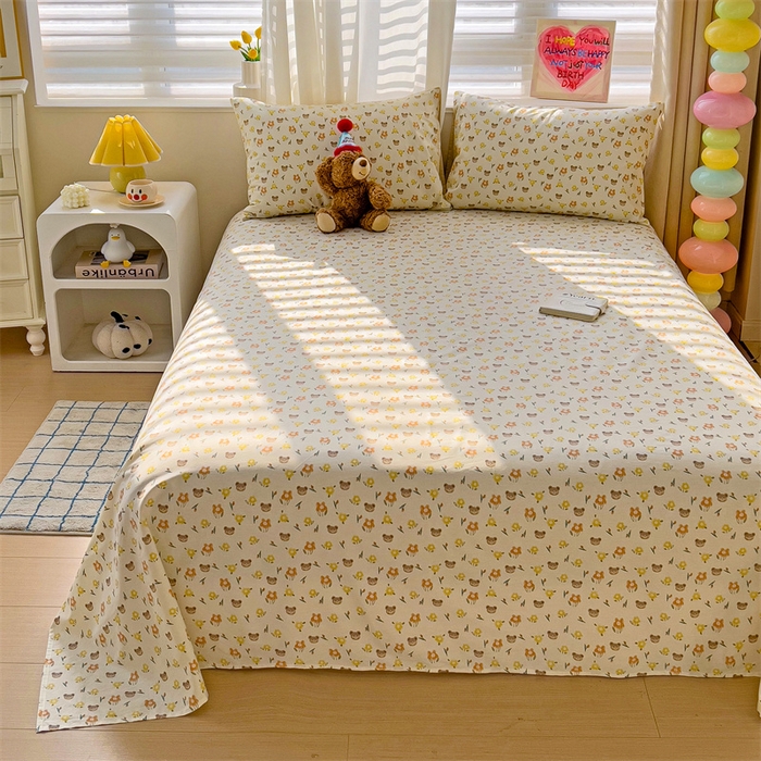 91家纺网 家纺一手货源 找家纺 名兮家居 2024新款小清新全棉单品床单 花与熊