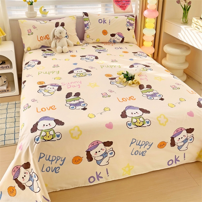 91家纺网 家纺一手货源 找家纺 名兮家居 2024新款小清新全棉单品床单 潮流小狗