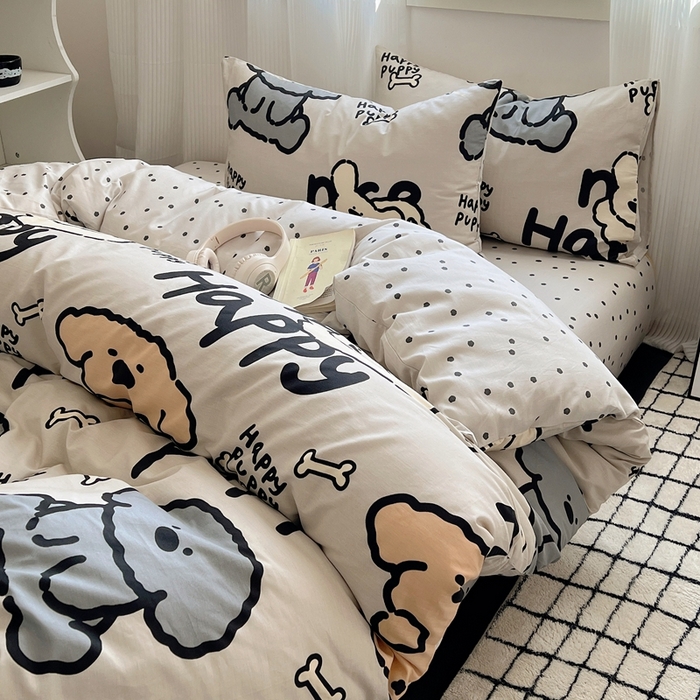 91家纺网 家纺一手货源 找家纺 六巷胡同 2024新款全棉INS风软萌卡通四件套AB版第二系 哈皮犬