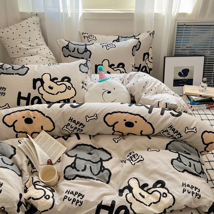 91家纺网 家纺一手货源 找家纺 六巷胡同 2024新款全棉INS风软萌卡通四件套AB版第二系 哈皮犬