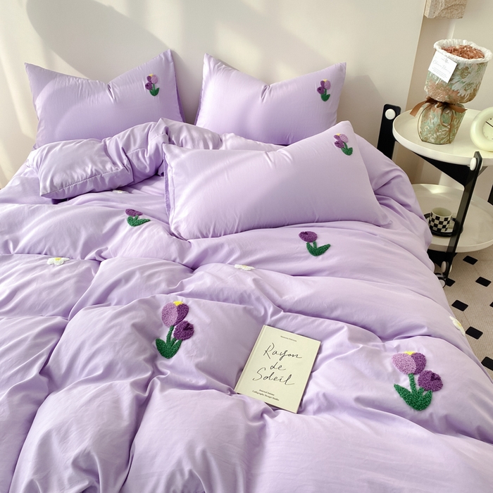 91家纺网 家纺一手货源 找家纺 优迈 2024新款超柔磨毛水洗棉毛巾绣四件套系列-风格二 郁金香