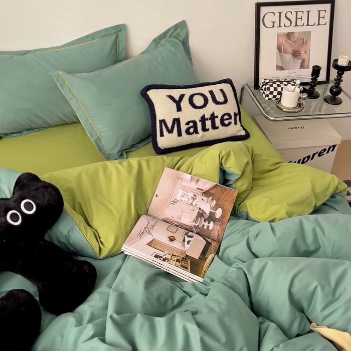 91家纺网 家纺一手货源 找家纺 恩泽家纺 2026新款全棉13372纯色双拼系列四件套 灰绿+果绿