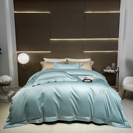 91家纺网 家纺一手货源 找家纺 淼铭家纺 2025新款长绒棉绣花四件套-奈罗系列 奈罗-水蓝