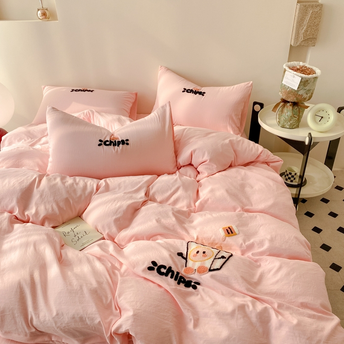 91家纺网 家纺一手货源 找家纺 优迈 2024新款超柔磨毛水洗棉毛巾绣四件套系列-风格二 薯条