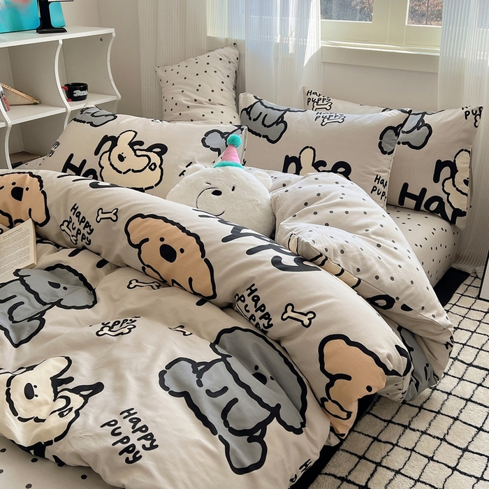 91家纺网 家纺一手货源 找家纺 六巷胡同 2024新款全棉INS风软萌卡通四件套AB版第二系 哈皮犬