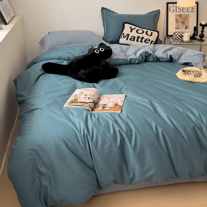 91家纺网 家纺一手货源 找家纺 恩泽家纺 2024新款全棉13372纯色双拼系列四件套 宝蓝+月白兰