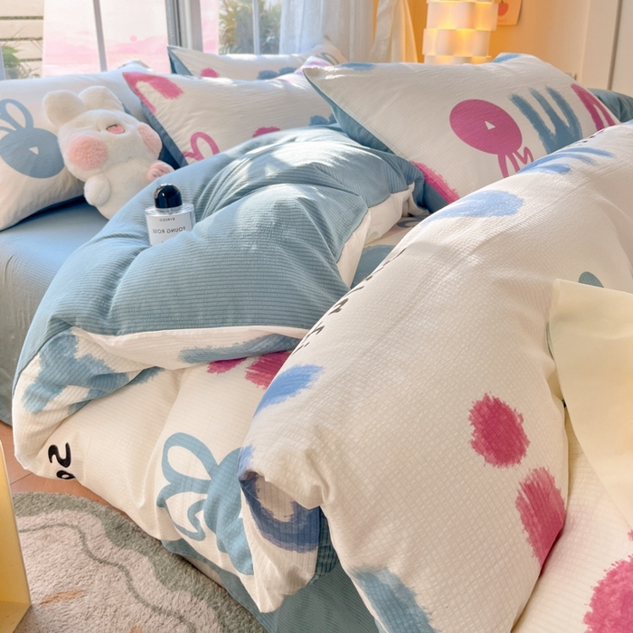 91家纺网 家纺一手货源 找家纺 玉海棠家纺 2024新款泡泡云朵棉四件套 七彩兔