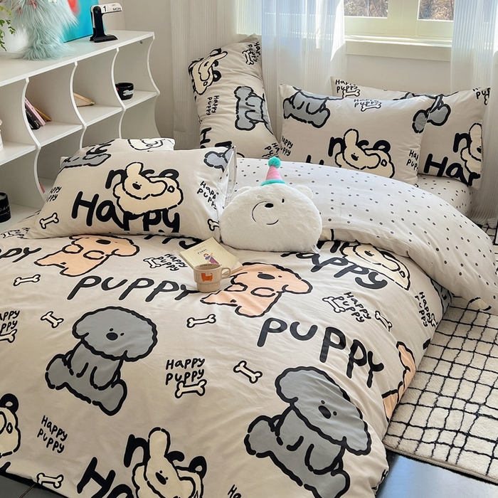 91家纺网 家纺一手货源 找家纺 六巷胡同 2024新款全棉INS风软萌卡通四件套AB版第二系 哈皮犬