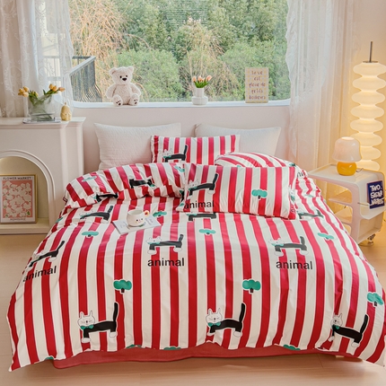 感遇家纺 2024春夏新品全棉卡通印花四件套-第一批 红条夜猫